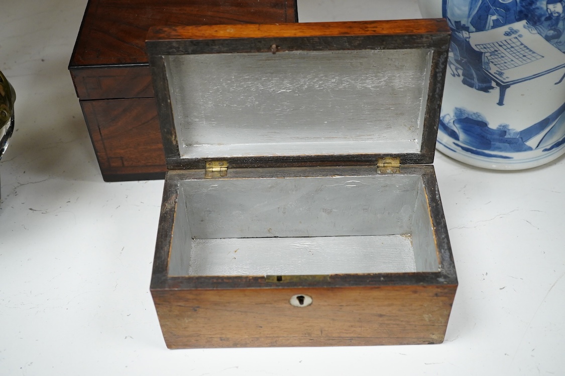Two 19th century mahogany tea caddies, one with bone escutcheon, largest 20cm wide